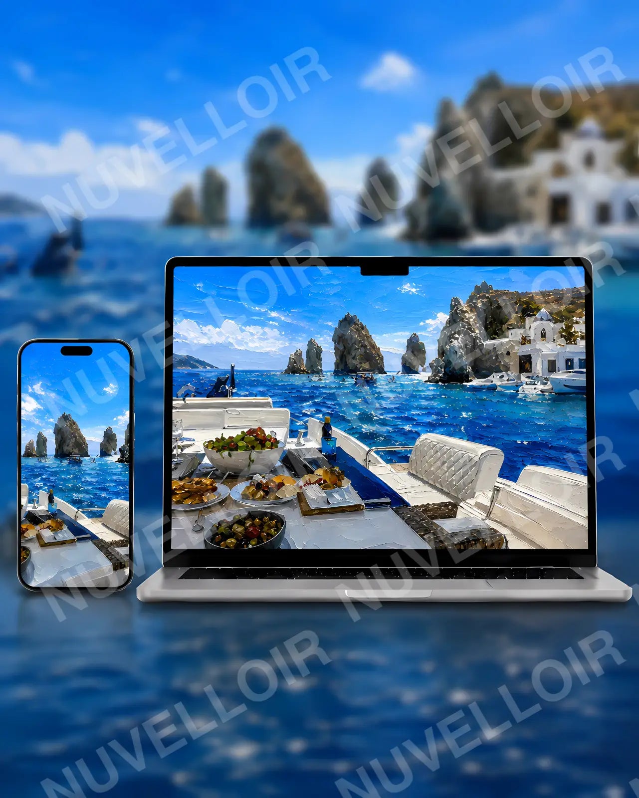 Mediterranean Escape wallpaper displayed on phone and desktop