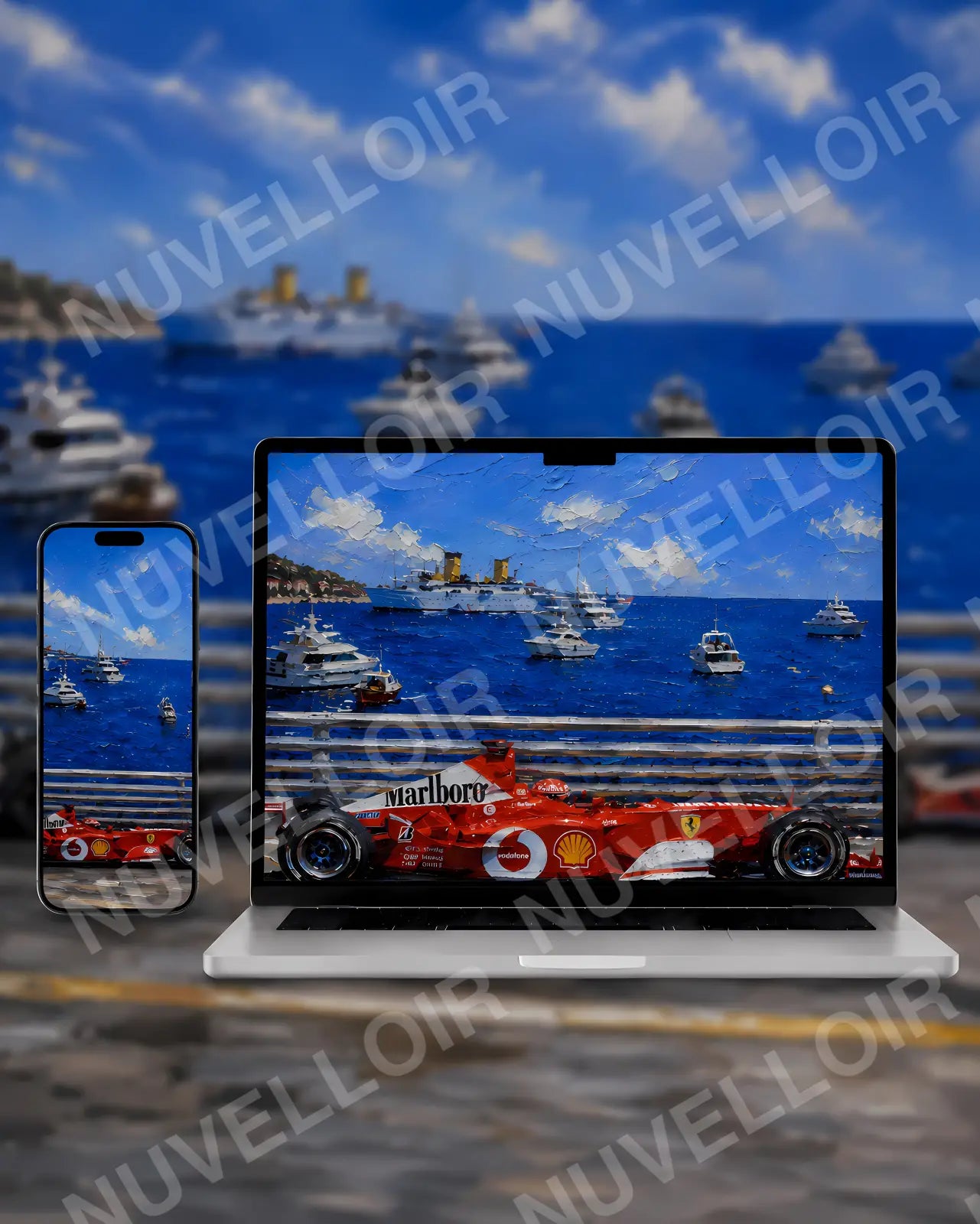Riviera Racing wallpaper displayed on phone and desktop